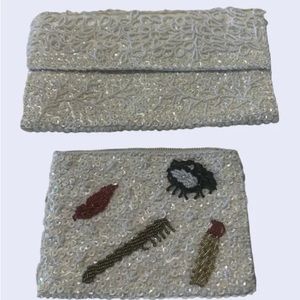 VTG K. Kimble 2 PC White Beaded Sequined Clutch Purse & Makeup Bag